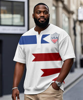 Men's Plus Size Independence Day American Flag Colorblock Printed Henry Collar Button Short Sleeve Tee